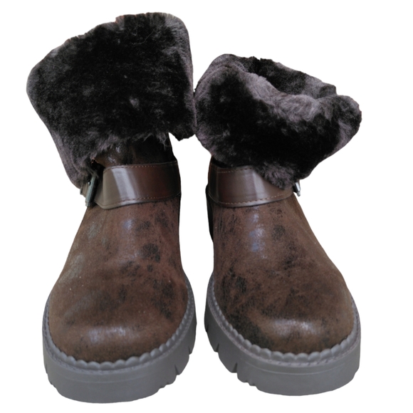 LFL By Lust For Life 7.5 Brown Faux Fur Buckle Snap Chunky Metallic Brown Boots - Picture 3 of 16